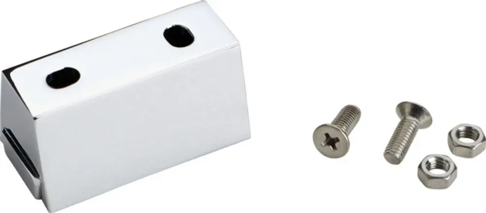 Befestigungsset bestehend aus einem rechteckigen, glänzenden Halter und zwei Schrauben mit Muttern, geeignet für die WC-Bürstengarnitur von Ideal Standard.